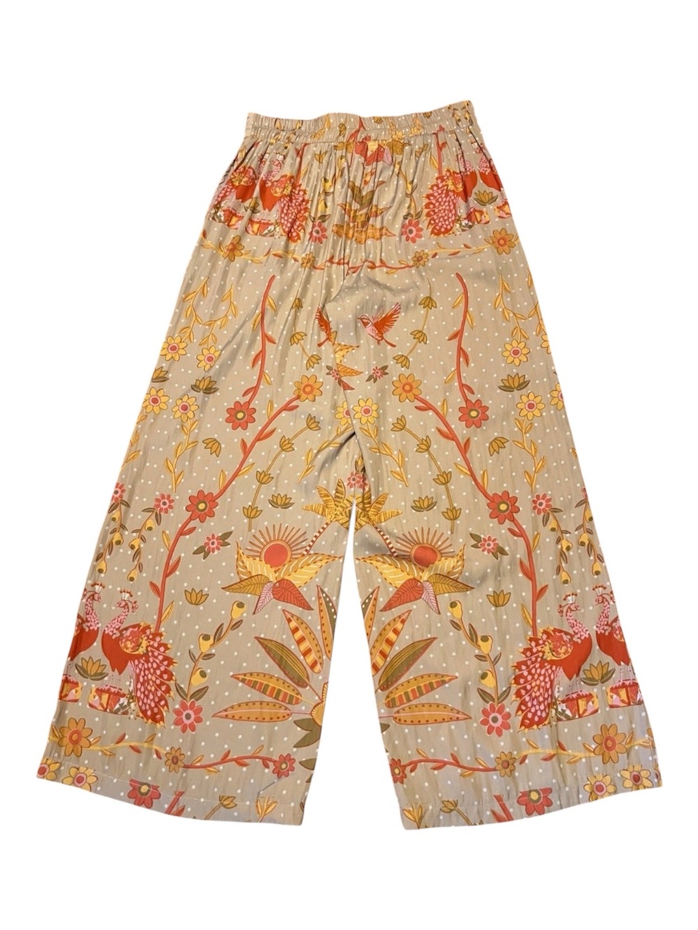 Rose & Olive Beige Floral Wide-Leg Pants Coral Mustard Print Size M EUC Boho - Picture 4 of 10
